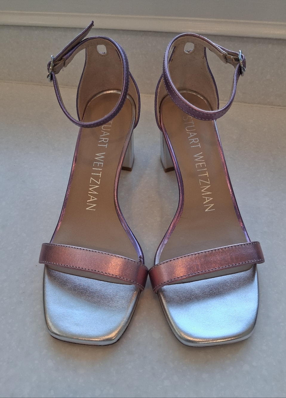 Stuart Weitzman Pink Metallic Ankle-Strap Block Heel Sandals